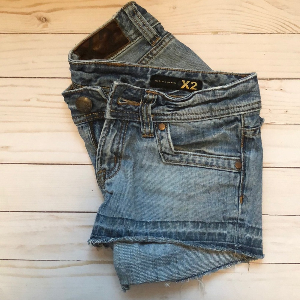 Express X2 Distressed Bottom Denim Shorts